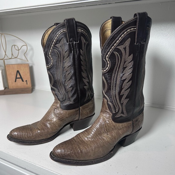 Justin Boots Shoes - Vintage Justin Lizard Skin Cowboy Boots Women's 7B Brown Western Exotic Leather
